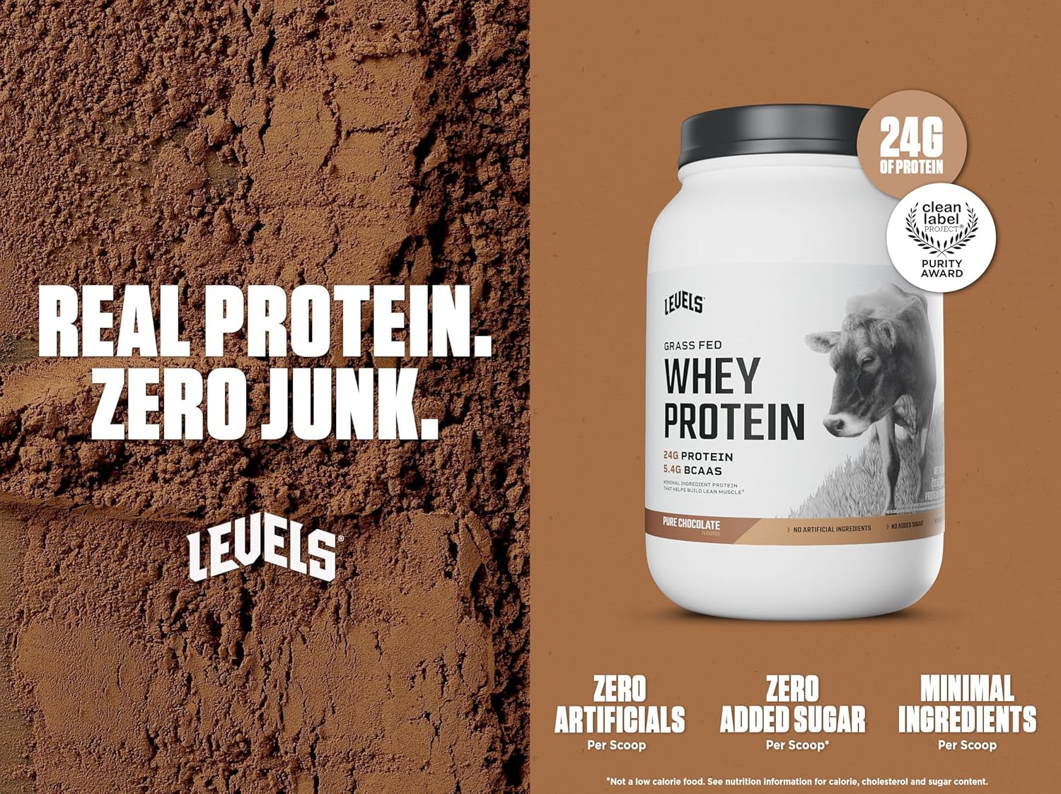 Levels Grass Fed Whey Protein Powder, No Artificials, 24G of Protein, Pure Chocolate, 2LB