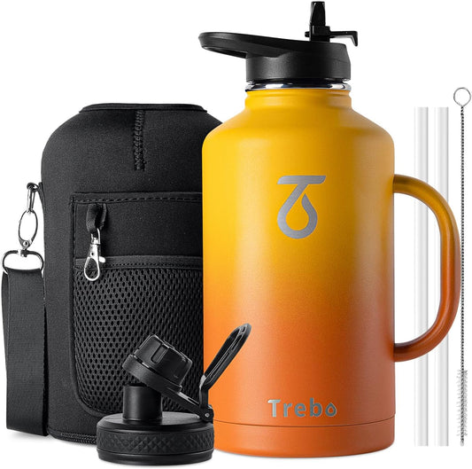 Half Gallon Water Bottle Insulated with Handle, 64 Oz Double Wall Stainless Steel Metal Large Jug, Travel Flask with Straw Spout Lid, Mug Tumbler Cup with Carry Pouch, Keep Cold Hot, Orange