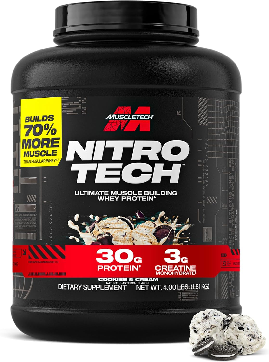 Whey Protein Powder |  Nitro-Tech Whey Protein Isolate & Peptides | Lean Protein Powder for Muscle Gain | Muscle Builder for Men & Women | Sports Nutrition | Cookies and Cream, 4Lb (40 Serv)