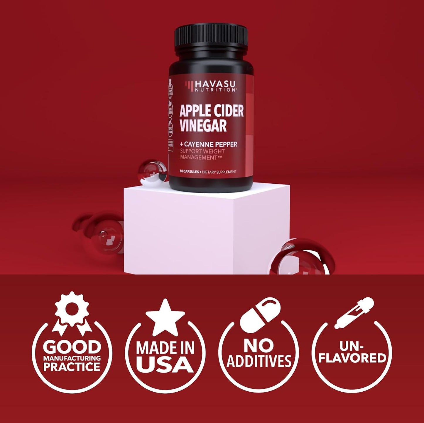 Apple Cider Vinegar Capsules with 500Mg Apple Cider Vinegar and 20Mg Cayenne Pepper - Bloating Relief and Appetite Suppressant; Non-Gmo; 60 Capsules for Men and Women
