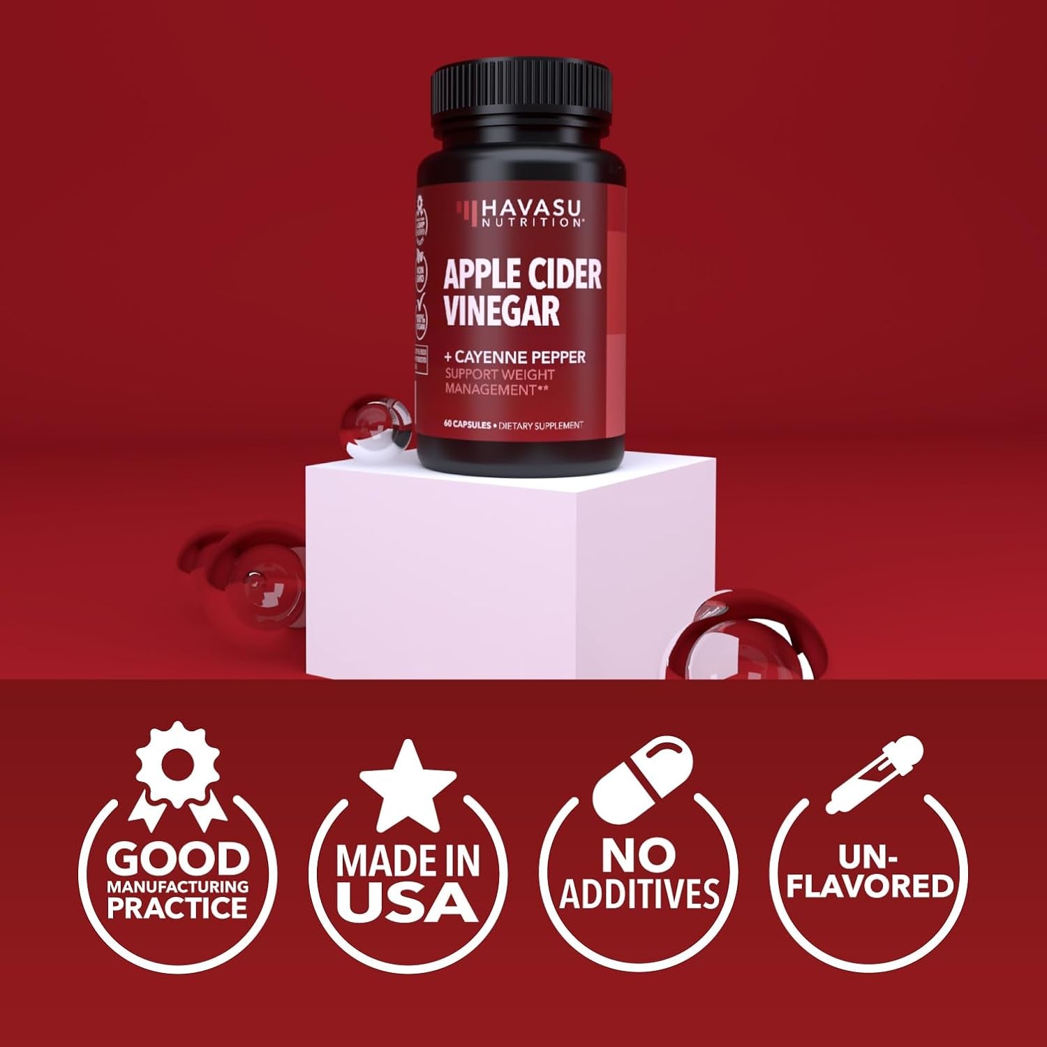 Apple Cider Vinegar Capsules with 500Mg Apple Cider Vinegar and 20Mg Cayenne Pepper - Bloating Relief and Appetite Suppressant; Non-Gmo; 60 Capsules for Men and Women