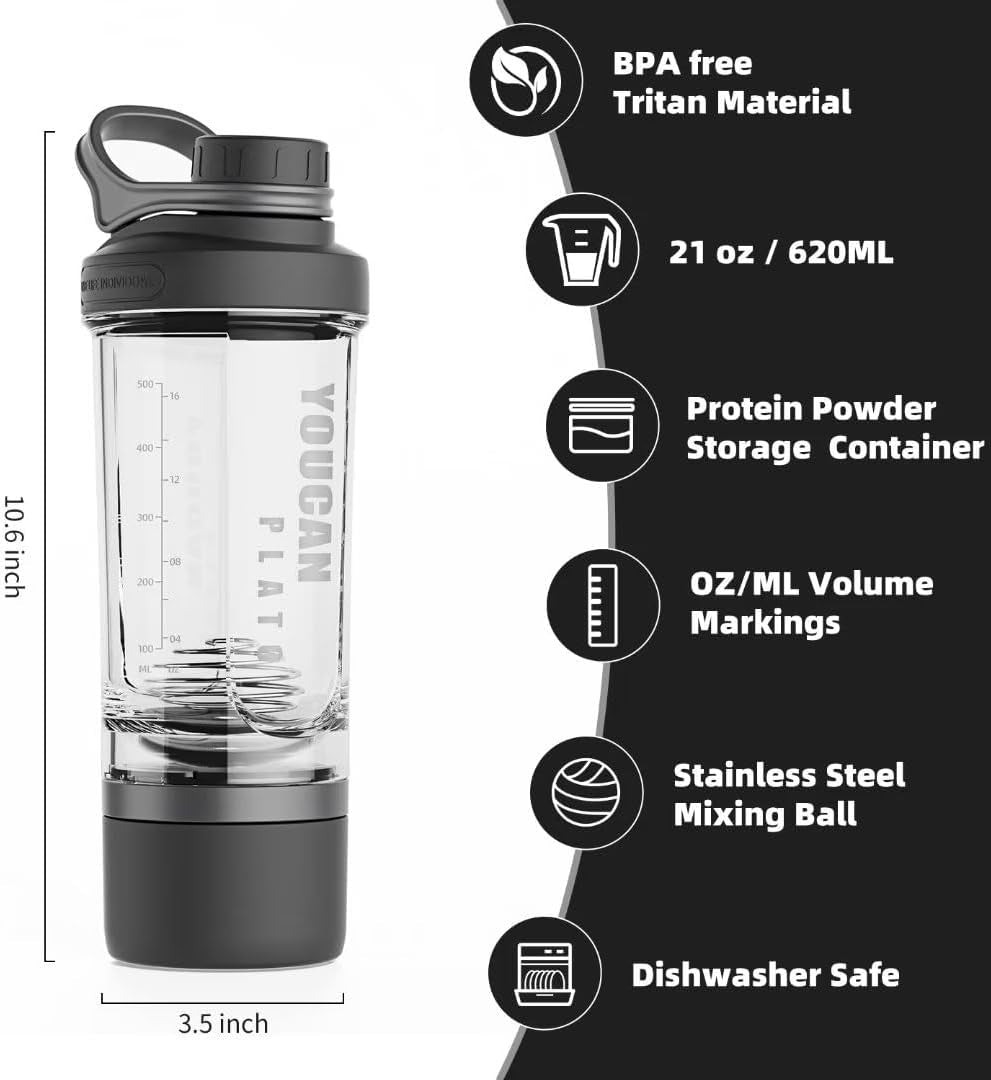 21Oz Protein Shaker Bottle with Powder Storage Container-Shaker Cups for Protein Shakes-Pre Workout Bottle-Mixer Cup-Gym Sport Water Bottle -Made with Tritan BPA Free,With Wire Whisk Balls (Black)