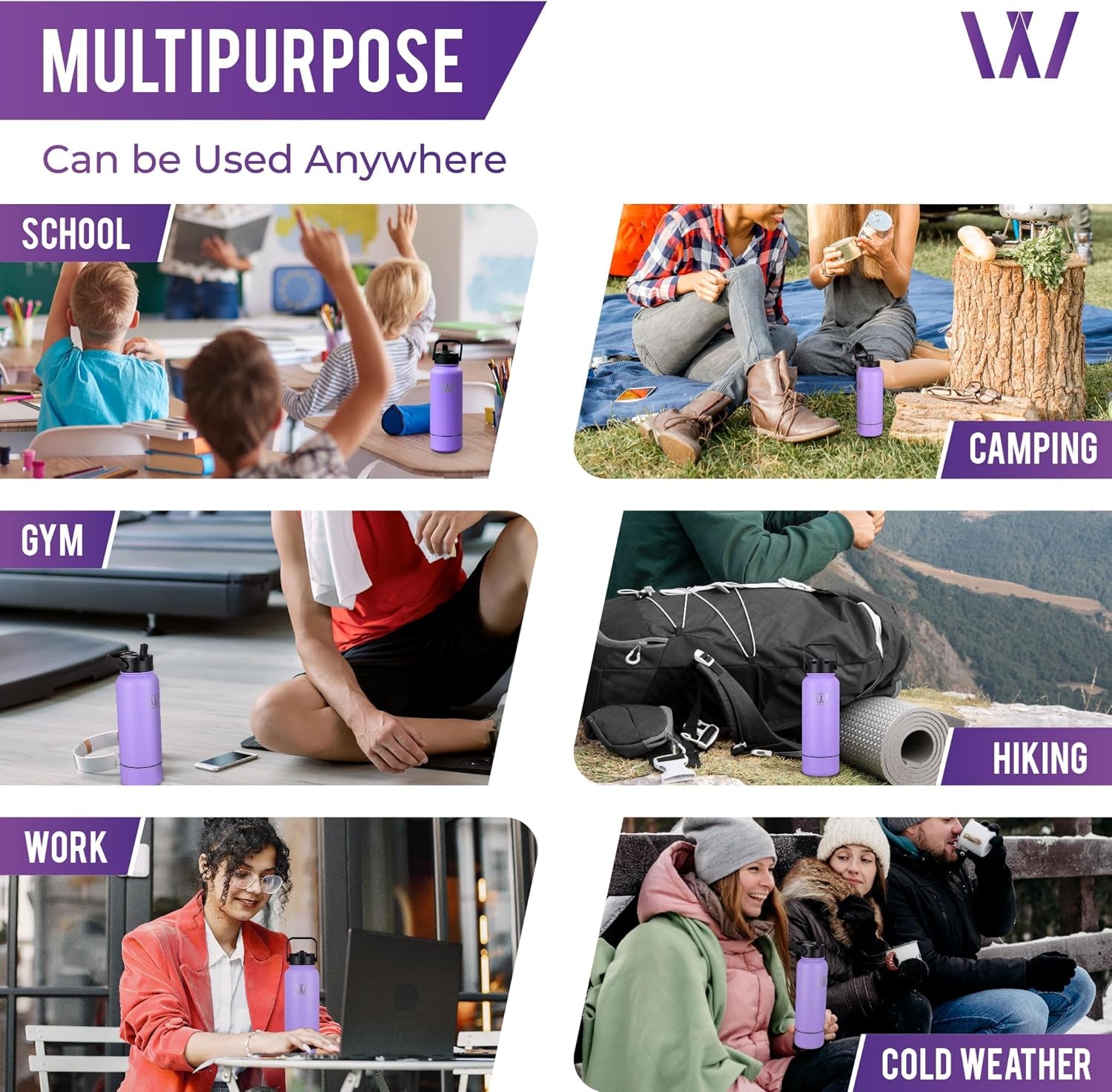 Insulated Sports Water Bottle -  32 Oz Water Bottle with Discrete Storage Compartment, 2 Lids, Straw, Hot & Cold Double-Walled Vacuum Insulated Stainless Steel Gym & Thermos Bottle (Lavender)