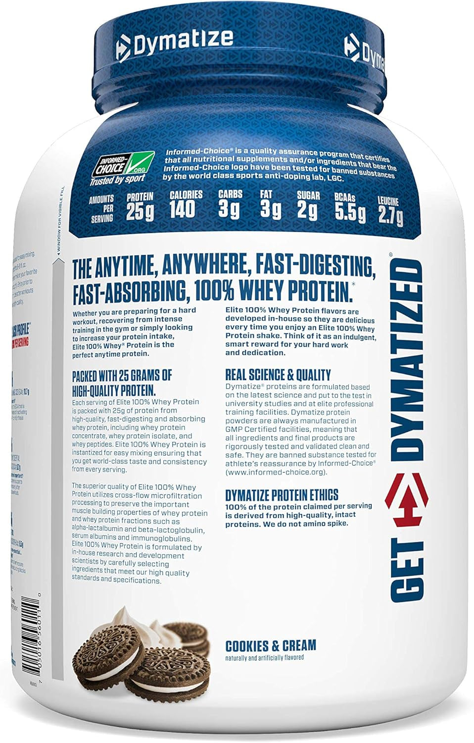 Elite 100% Whey Protein Powder, Cookies & Cream, 25G of Protein, 5.5G Bcaas, Less than 140 Cal., Gluten Free, 2G Carb, 2G Sugar, 3G Fat (63 Servings)