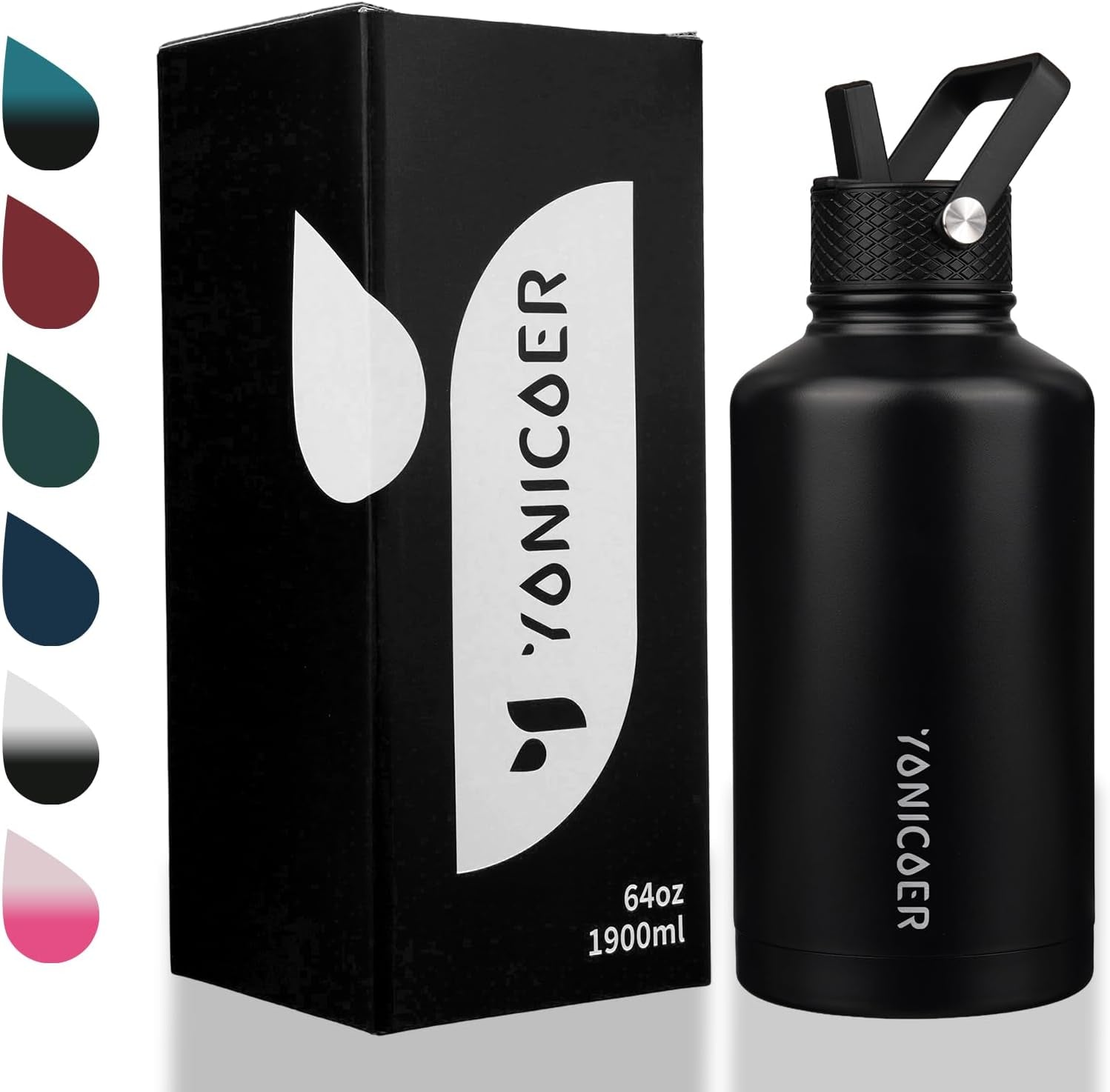 Insulated Water Bottle 64Oz,Triple Wall Vacuum Stainless Steel(Dishwasher Safe),Leak Proof & Non-Bpa,Flask Jug with Paracord Handle & Straw Spout Lids Sports