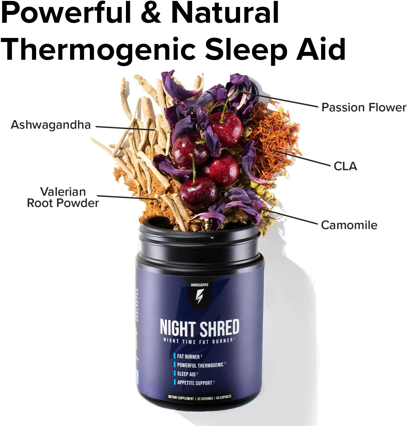 Night Shred Fat Burner and Natural Sleep Support | Ashwaganda, 5-HTP, CLA, Melatonin | Appetite Suppressant | Weight Loss Support Nighttime Fat Burning (60 Vegetarian Capsules)
