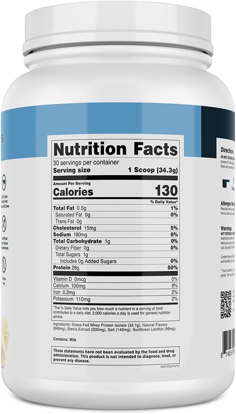 Grass-Fed Whey Protein Isolate - Naturally Flavored, Gluten Free Whey Protein Powder with 28G of Protein per Serving & 9 Amino Acids - 30 Servings, French Vanilla