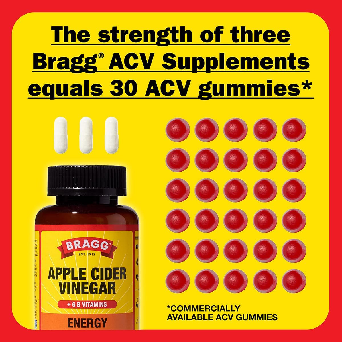 Energy Apple Cider Vinegar Capsules with B-12 Vitamins - 90 Capsules - Weight Management - Non-Gmo, Vegan, Gluten Free, No Sugar - Helps Generate Energy at Cellular Level for Men and Women