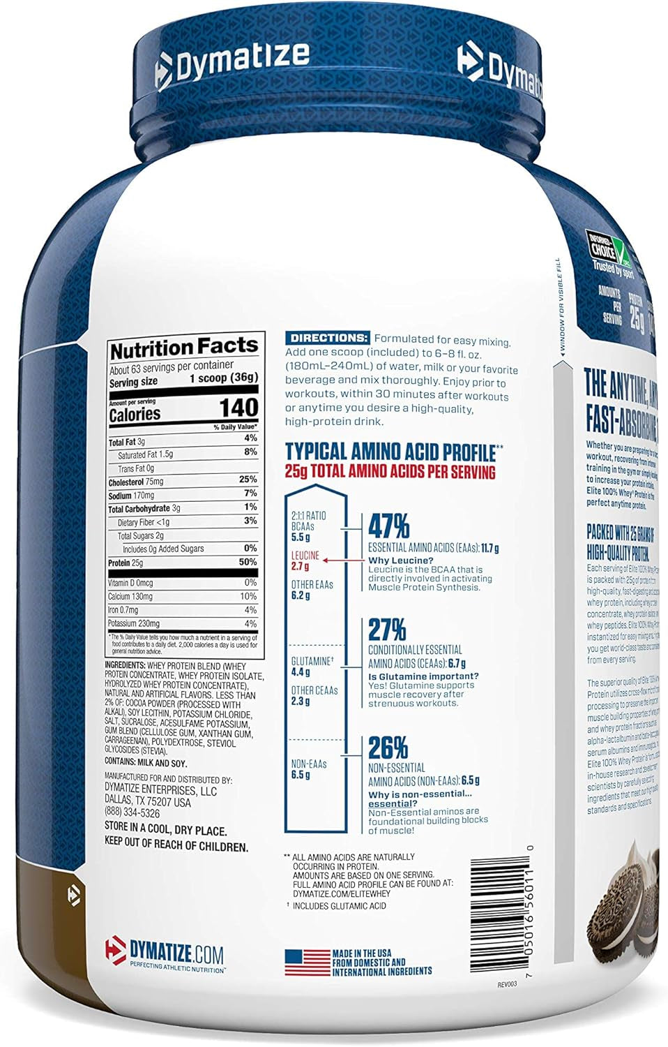 Elite 100% Whey Protein Powder, Cookies & Cream, 25G of Protein, 5.5G Bcaas, Less than 140 Cal., Gluten Free, 2G Carb, 2G Sugar, 3G Fat (63 Servings)