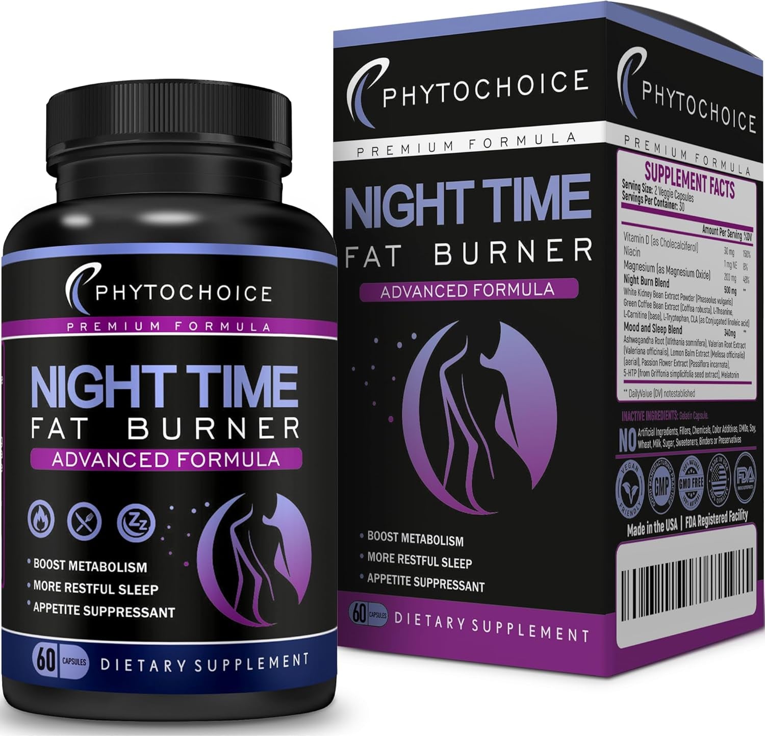 Night Time Fat Burner - Weight Loss Diet Pills with Magnesium Melatonin CLA L-Carnitine That Work at Night, Appetite Suppressant, Carb Blocker, Nighttime Metabolism Booster for Women and Men 60 Caps.