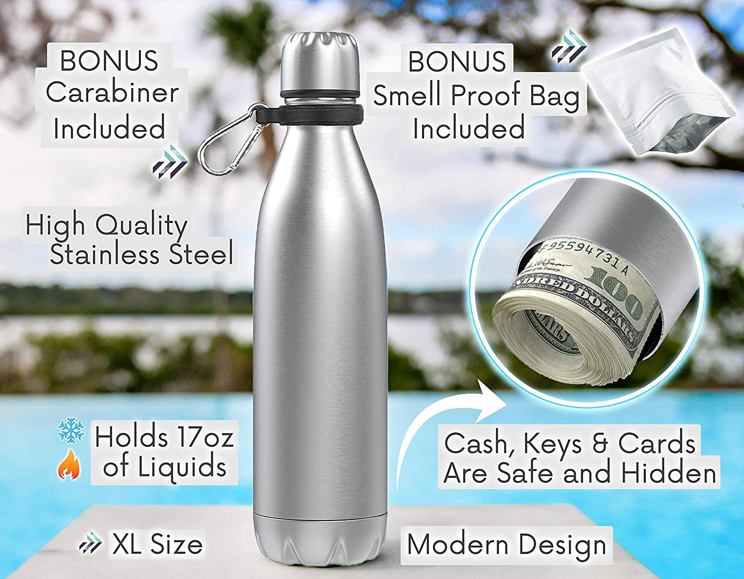 Diversion Water Bottle Safe for Travel and Home - Leak Proof Stainless Steel Tumbler with Hidden Storage - 17Oz (Silver)