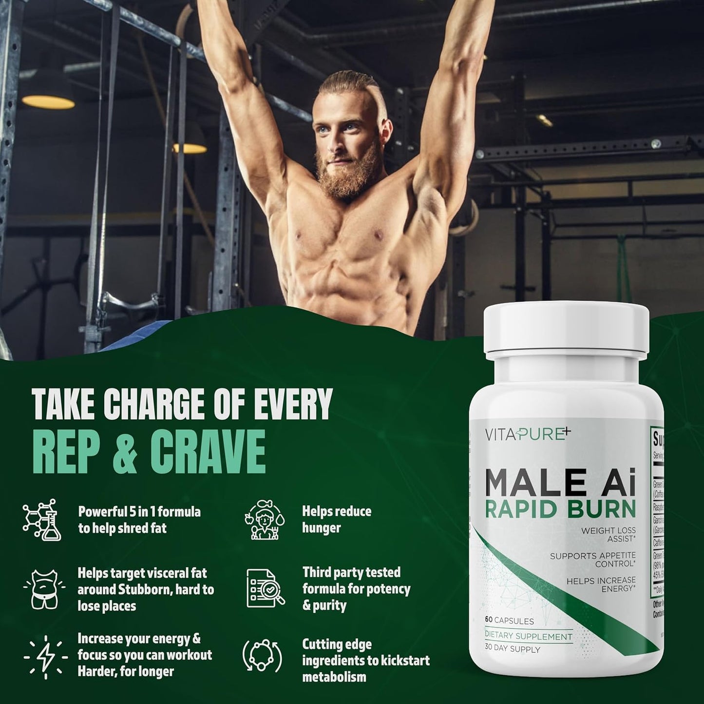 Male Ai Rapid Fat Burner for Men | Supports GLP-1 Pathway Function for Weight Loss | Appetite Suppressant, Energy Booster, Diet Pills | 3Rd Party Tested Formula - 60 Capsules