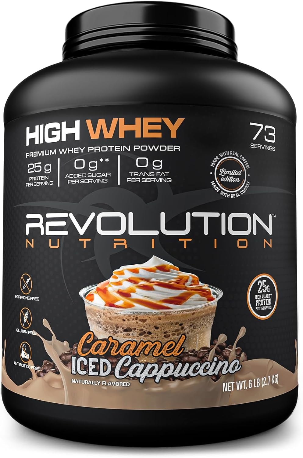 High Whey, Protein Powder 6LB, Whey Isolate, Gluten Free, Lean Muscle Mass for Men & Women, 25G of Protein per Scoop, 2.7Kg, 73 Servings (Caramel Iced Cappuccino, 6 Pound)