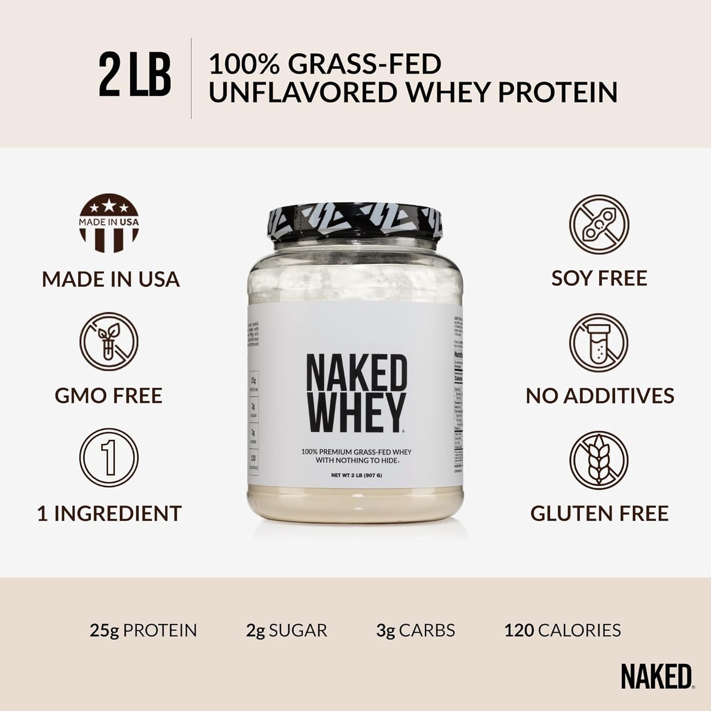 Whey 2LB 100% Grass Fed Whey Protein Powder - Only 1 Ingredient, Unflavored Whey Protein, Undenatured, Gluten Free, Soy Free, No Gmos, No Preservatives