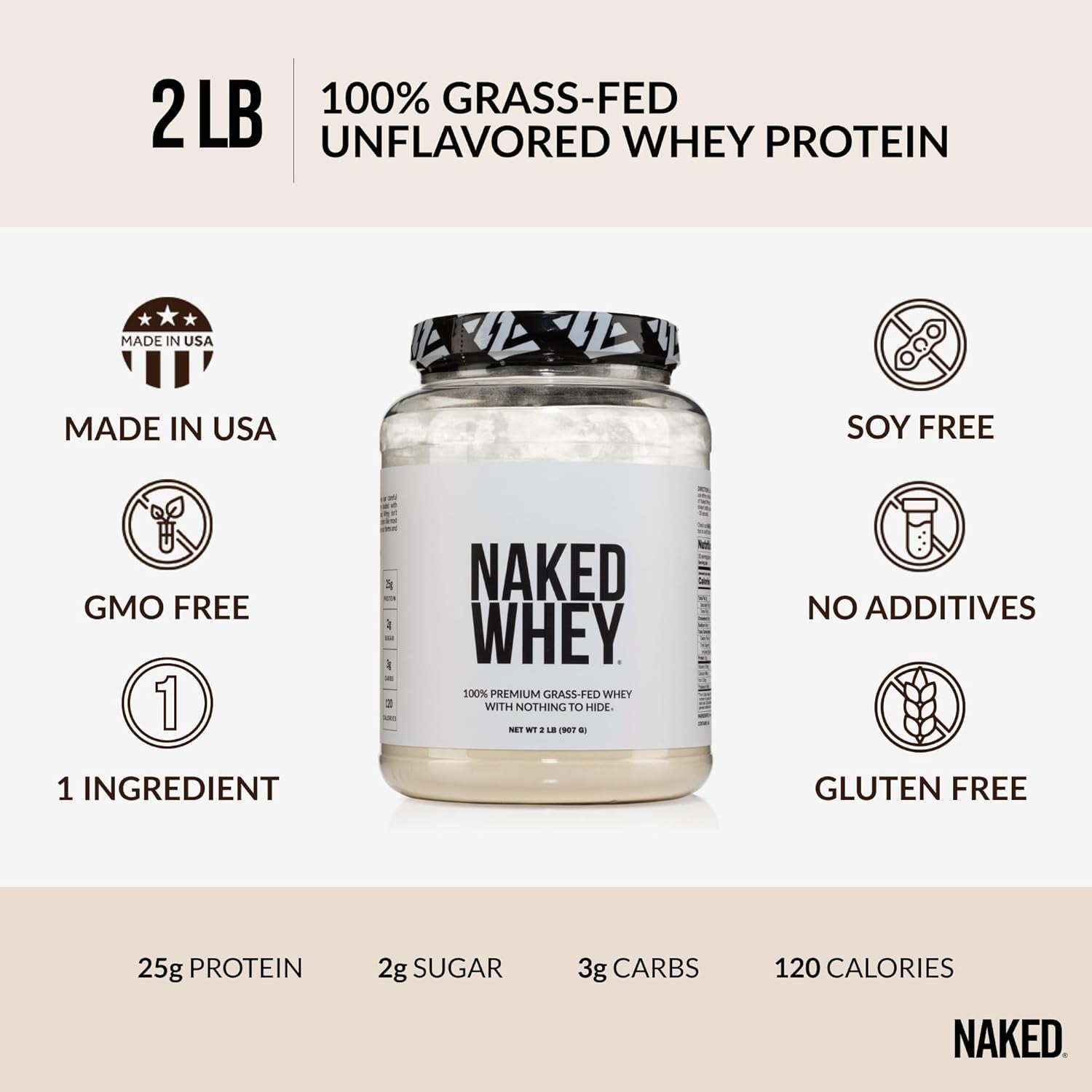 Whey 2LB 100% Grass Fed Whey Protein Powder - Only 1 Ingredient, Unflavored Whey Protein, Undenatured, Gluten Free, Soy Free, No Gmos, No Preservatives