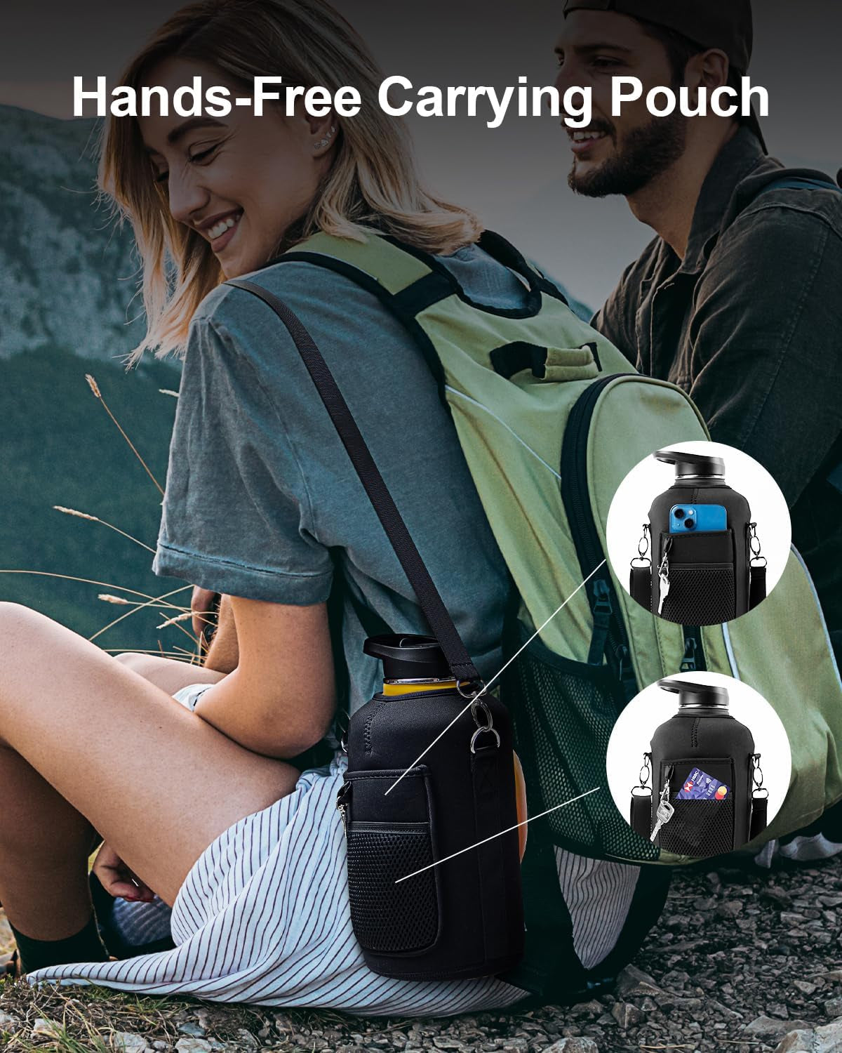 Half Gallon Water Bottle Insulated with Handle, 64 Oz Double Wall Stainless Steel Metal Large Jug, Travel Flask with Straw Spout Lid, Mug Tumbler Cup with Carry Pouch, Keep Cold Hot, Orange