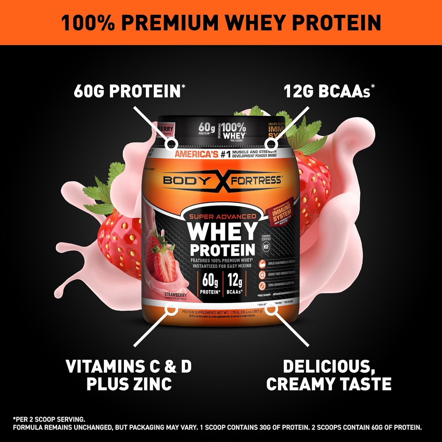 Super Advanced Whey Protein Powder, Strawberry, Immune Support (1), Vitamins C & D plus Zinc, 1.78 Lbs