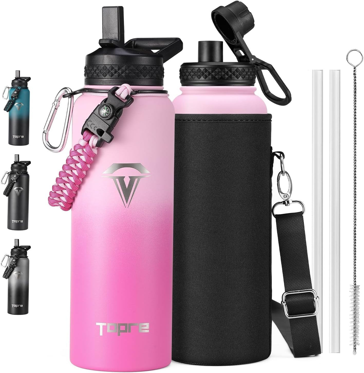 40Oz Insulated Water Bottle,Stainless Steel Vacuum Water Bottle, Bpa-Free & Leakproof -With Paracord Handle,Strap,Straw Spout Lids,Large Water Jug for Gym Sports