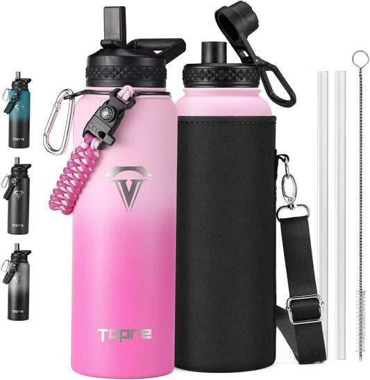 40Oz Insulated Water Bottle,Stainless Steel Vacuum Water Bottle, Bpa-Free & Leakproof -With Paracord Handle,Strap,Straw Spout Lids,Large Water Jug for Gym Sports