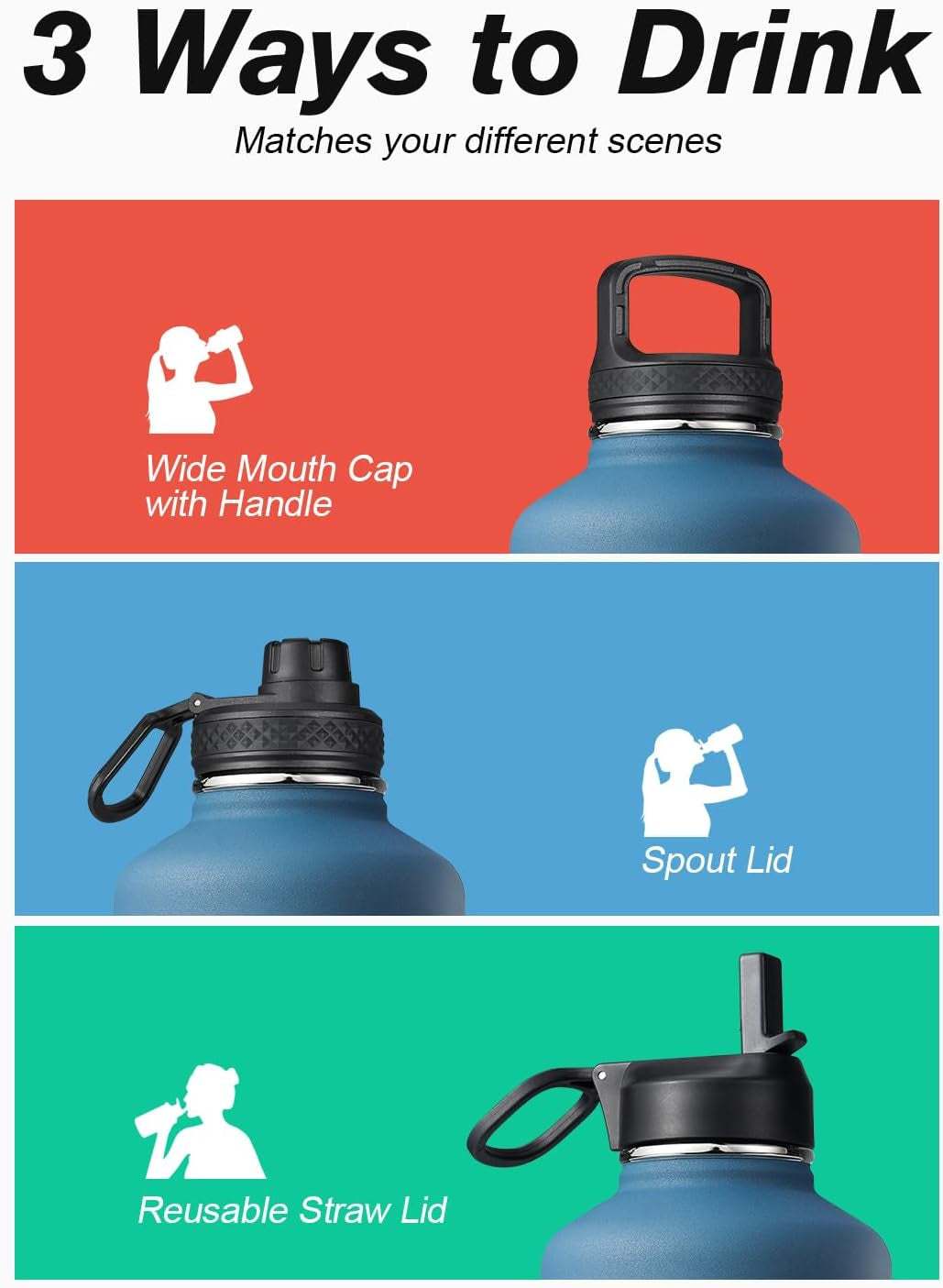 Half Gallon Water Bottle Insulated with Straw & 3 Lids,  64 Oz Water Jug Large Metal Stainless Steel Wide Mouth for Sports, Gym or Office, Non-Bpa Keep Cold 48H Hot 24H, Samurai Cyan