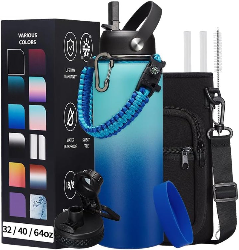 Stainless Steel Water Bottle 40Oz - Insulated Water Bottle with Straw & Spout Lids, Survival Paracord, Strap Sleeve, Protective Cup Mat, Wide Mouth Thermo Jug Flask for Sports Gym or Office