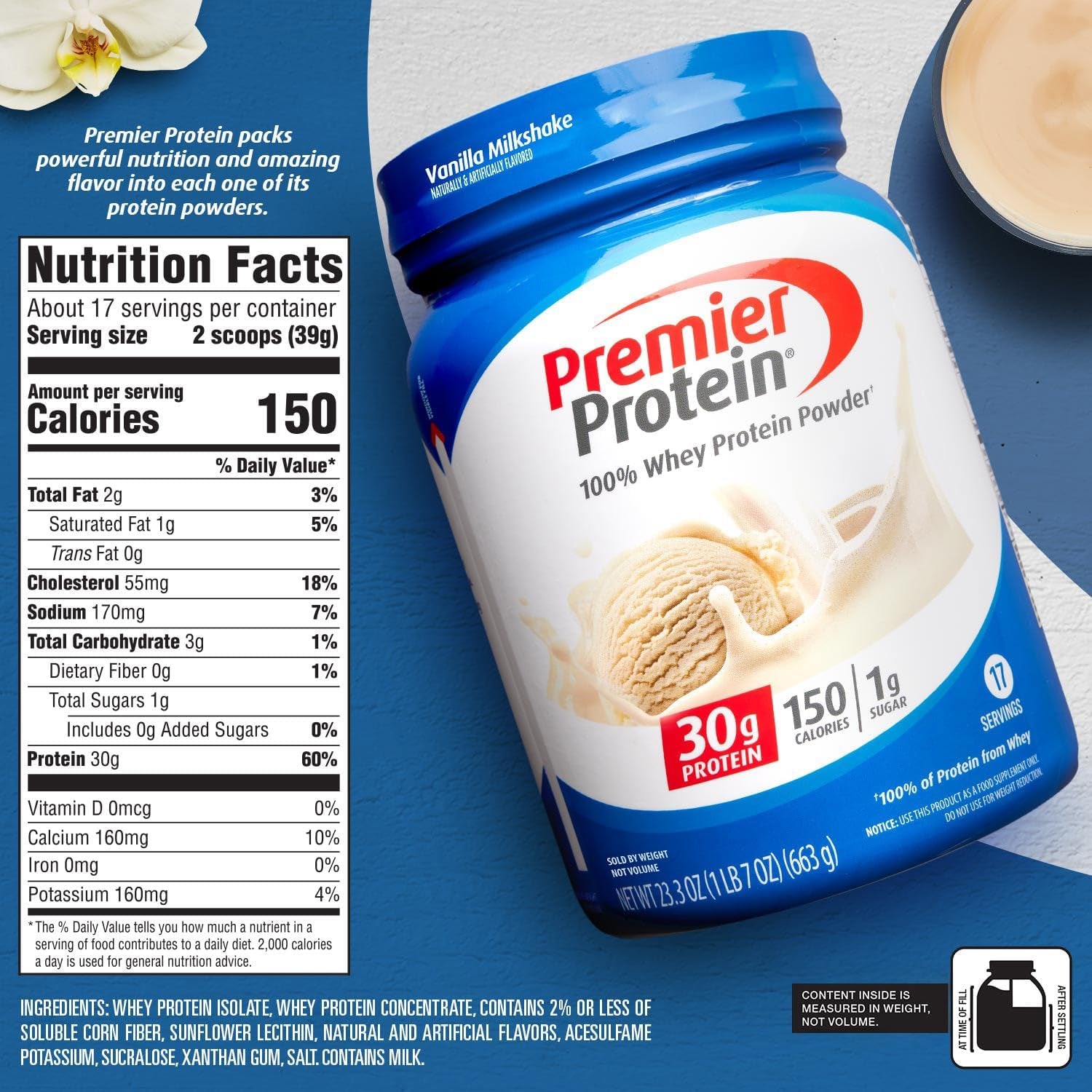 Powder, Vanilla Milkshake, 30G Protein, 1G Sugar, 100% Whey Protein, Keto Friendly, No Soy Ingredients, Gluten Free, 17 Servings, 23.3 Ounces