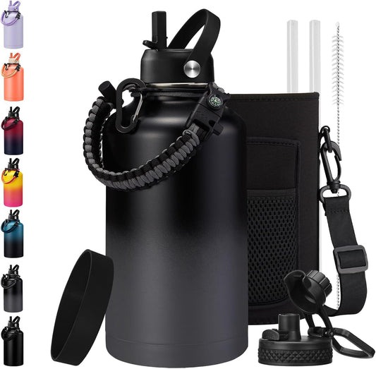 Half Gallon Water Bottle with Straw - Chug Lid, Paracord Handle, Silicone Boot, Keep Ice Cold-48H & Hot-24H, Vacuum Insulated Water Jug with Carrier Bag, 64 Oz Metal Insulated Water Bottle for Man