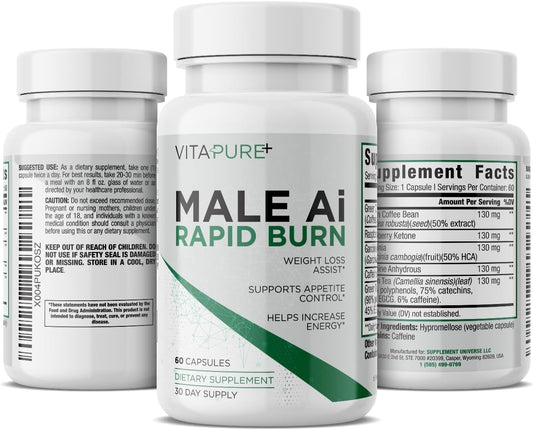 Male Ai Rapid Fat Burner for Men | Supports GLP-1 Pathway Function for Weight Loss | Appetite Suppressant, Energy Booster, Diet Pills | 3Rd Party Tested Formula - 60 Capsules