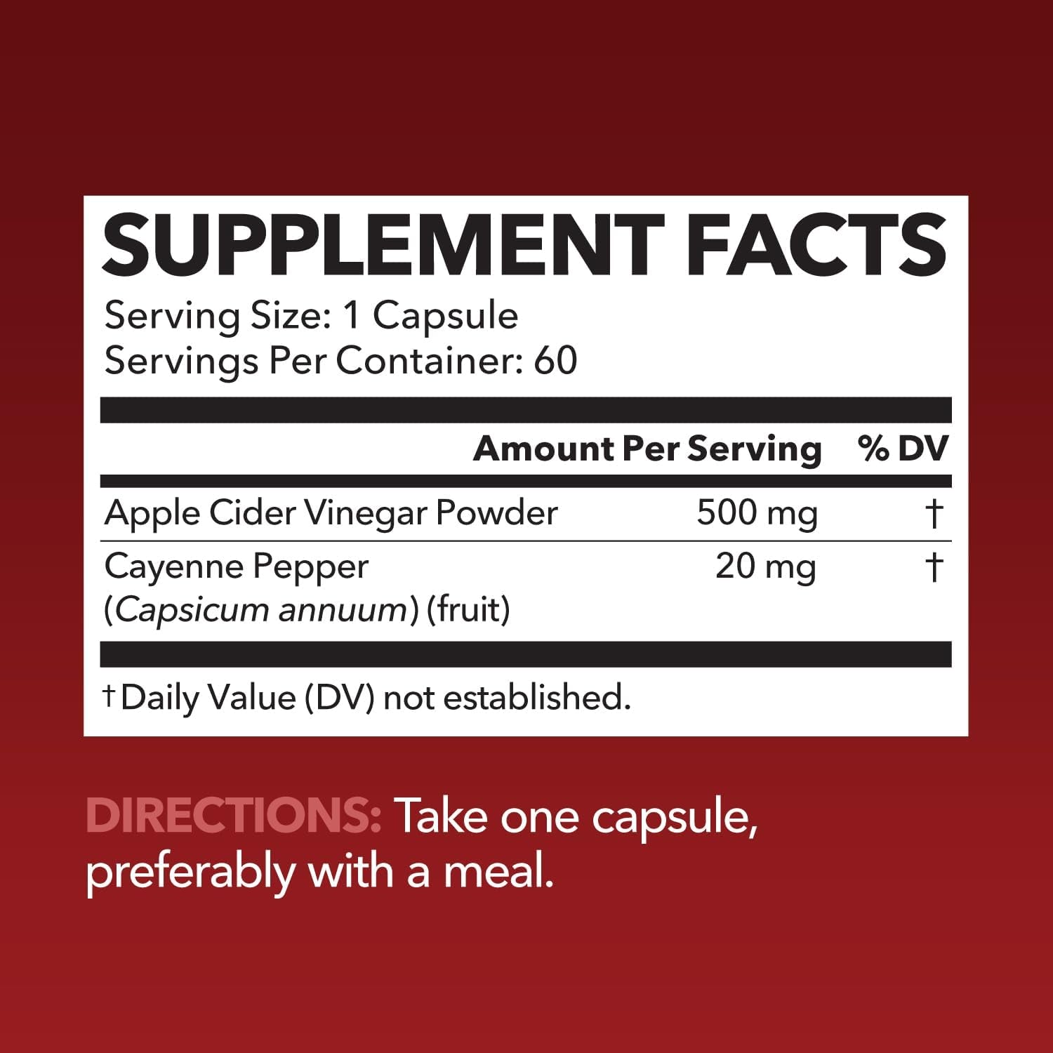 Apple Cider Vinegar Capsules with 500Mg Apple Cider Vinegar and 20Mg Cayenne Pepper - Bloating Relief and Appetite Suppressant; Non-Gmo; 60 Capsules for Men and Women