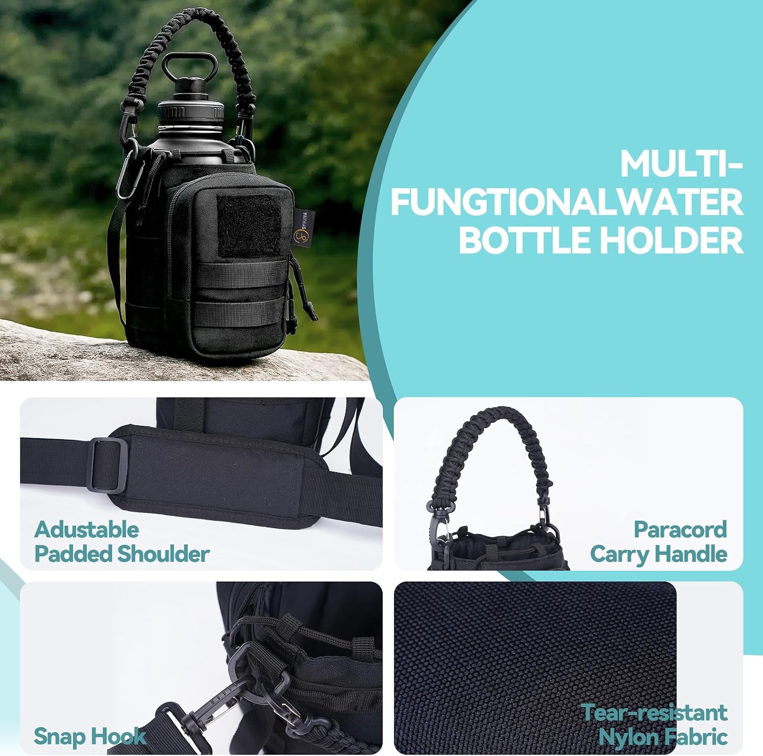 64Oz Insulated Water Bottle with Sleeve — Half Gallon Tactical Water Bottle with Paracord Handle — Wide-Mouth Bpa-Free Stainless Steel Water Jug — Perfect for Gym, Sports, Hiking & Travel