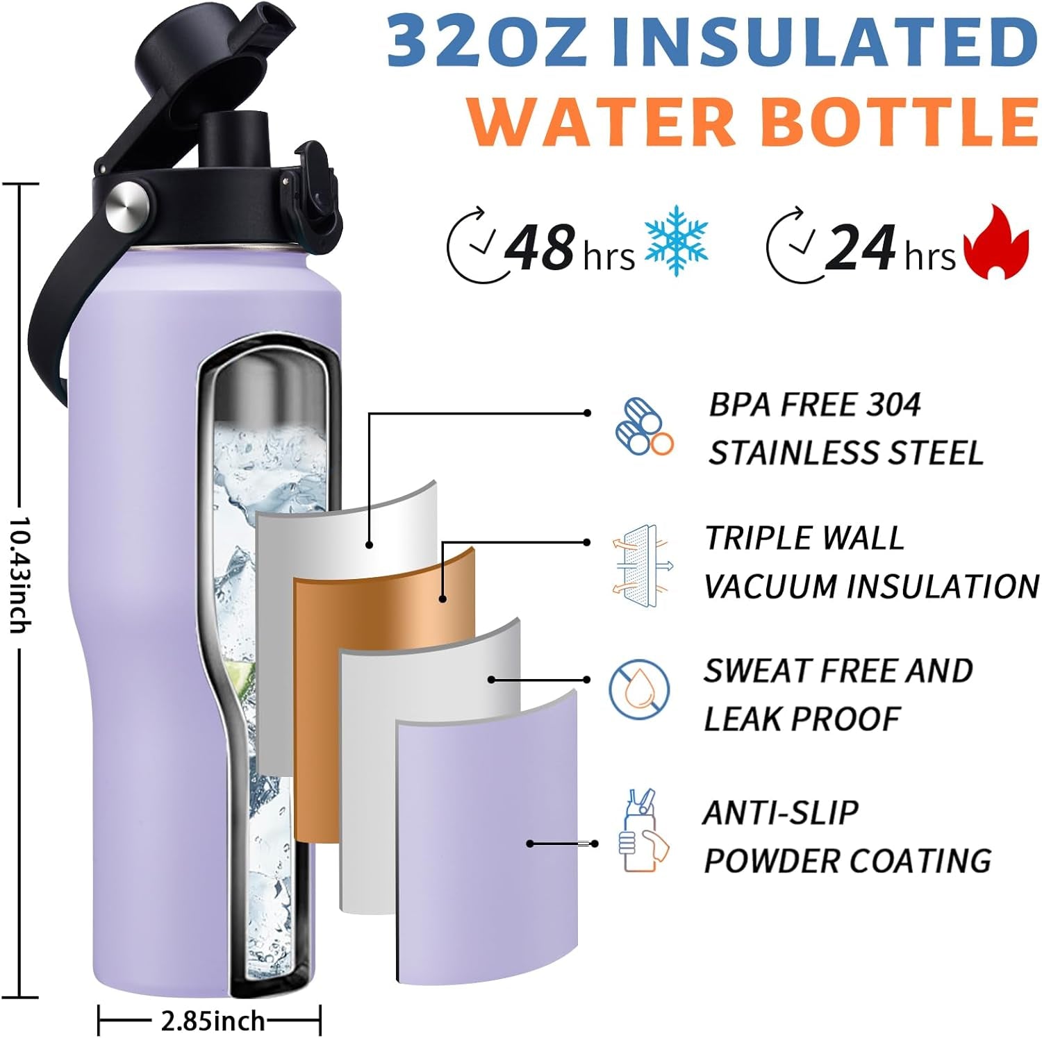 32Oz 40Oz Insulated Water Bottle with Straw - Keep Cold 48H or Hot 24H, Insulated Tumbler with Auto Spout Lid Fits in Any Car Cup Holder, Metal Water Bottle Travel Coffee Mug for Car, Gym, Office