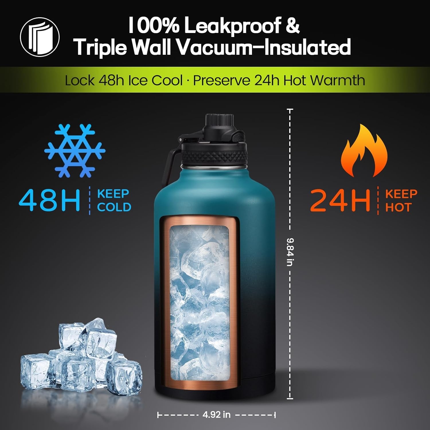 64 Oz Water Bottle with Straw & Spout Lids, Keep Cold 48H, Half Gallon Insuated Water Bottle with Paracord Handle & Carrier Bag, 64/128 Oz Water Jug Stainless Steel Metal Flask for Men Woman Gym