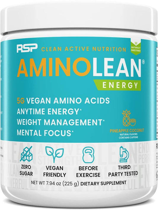 RSP Vegan Aminolean – All-In-One Natural Pre Workout, Amino Energy, Weight Management with Bcaas, Complete Vegan Preworkout Powder, Pineapple Coconut