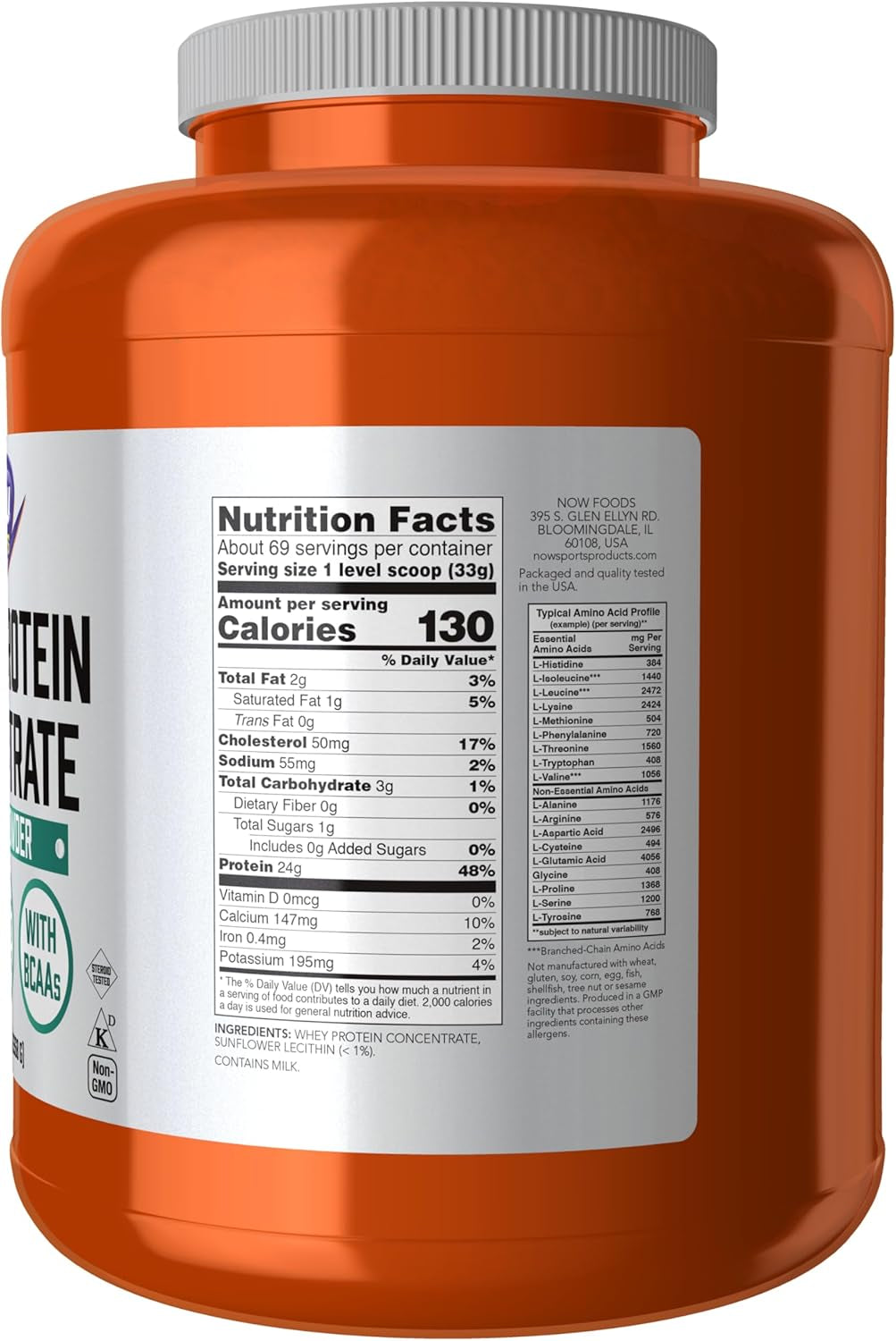 Sports Nutrition, Whey Protein Concentrate, 24 G with Bcaas, Unflavored Powder, 5-Pound