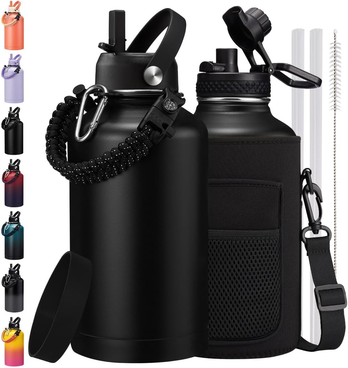 64 Oz Water Bottle with Straw & Spout Lids, Keep Cold 48H, Half Gallon Insuated Water Bottle with Paracord Handle & Carrier Bag, 64/128 Oz Water Jug Stainless Steel Metal Flask for Men Woman Gym