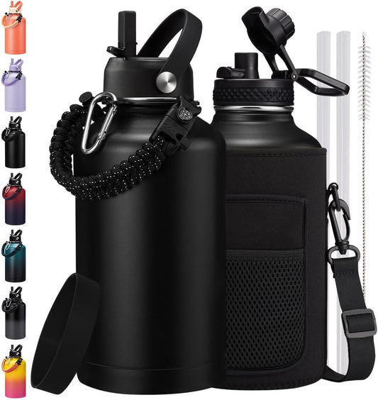 64 Oz Water Bottle with Straw & Spout Lids, Keep Cold 48H, Half Gallon Insuated Water Bottle with Paracord Handle & Carrier Bag, 64/128 Oz Water Jug Stainless Steel Metal Flask for Men Woman Gym