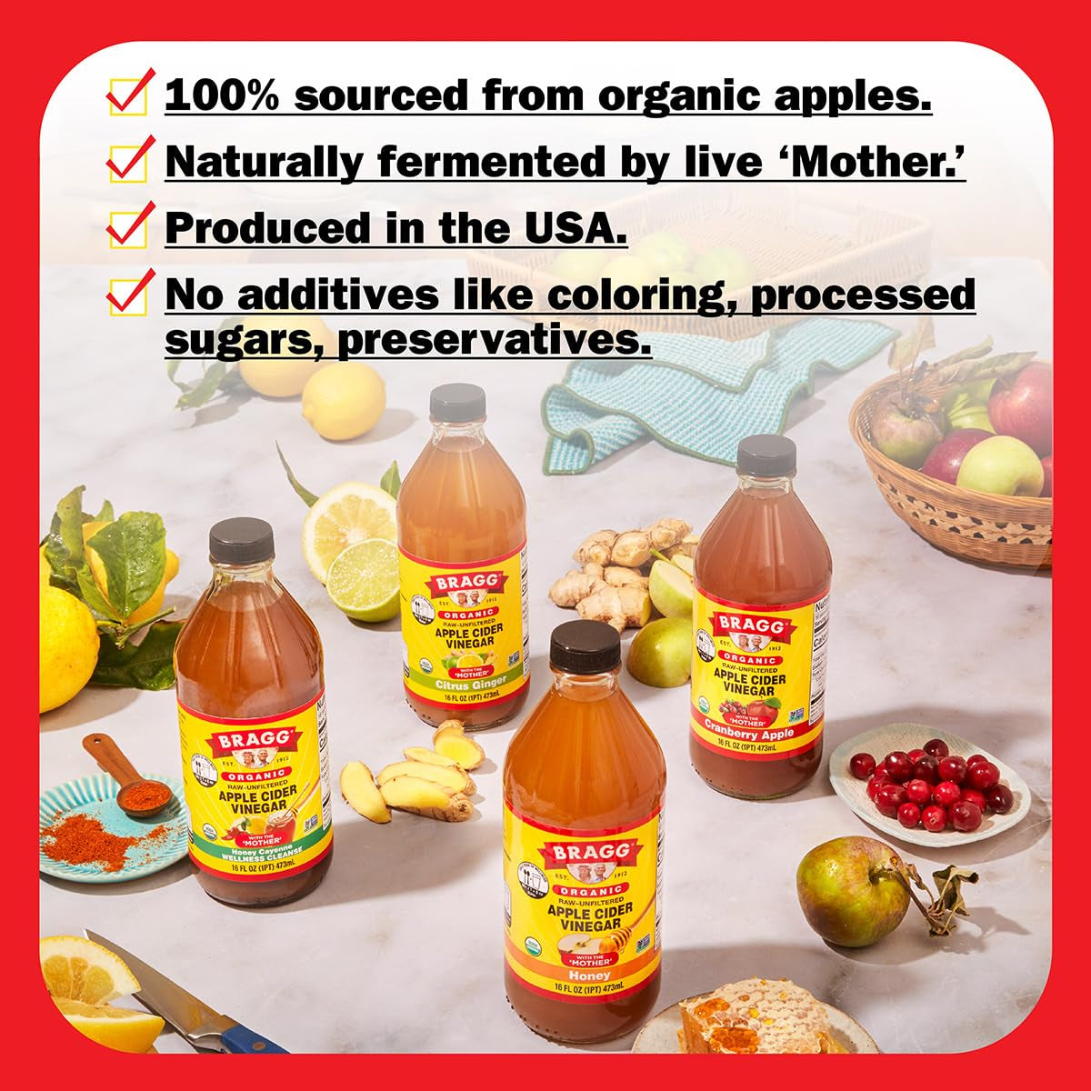Organic Apple Cider Vinegar Cranberry Apple Blend with the Mother - 16 Fl Oz - Raw and Unfiltered