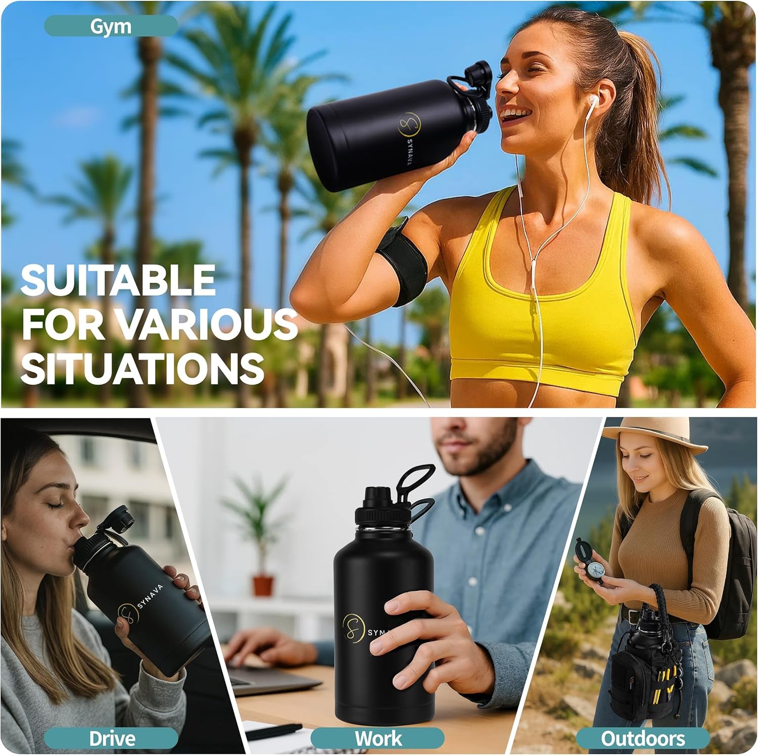 64Oz Insulated Water Bottle with Sleeve — Half Gallon Tactical Water Bottle with Paracord Handle — Wide-Mouth Bpa-Free Stainless Steel Water Jug — Perfect for Gym, Sports, Hiking & Travel