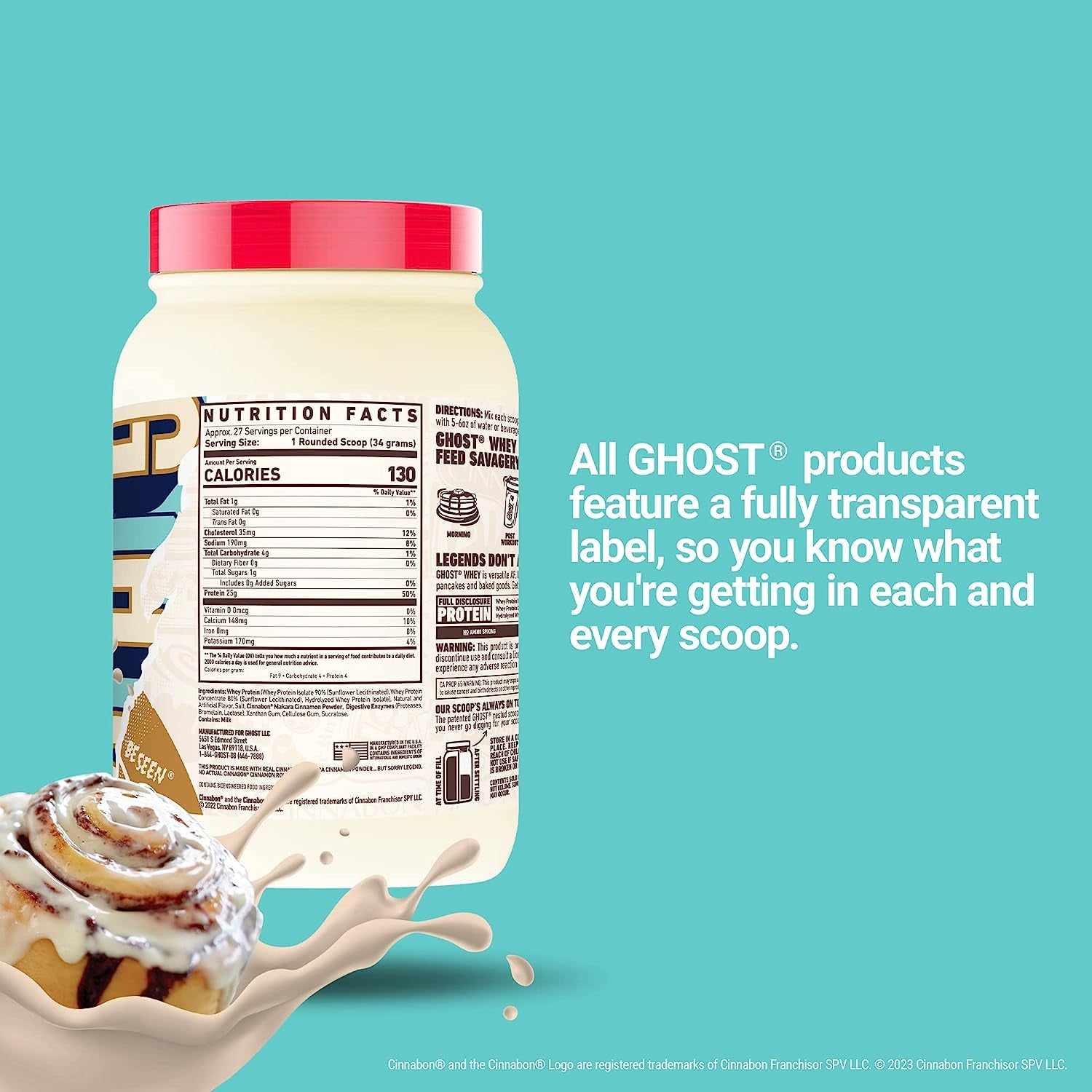 Whey Protein Powder, Cinnabon - 2LB, 25G of Protein - Cinnamon Roll Flavored Isolate, Concentrate & Hydrolyzed Whey Protein Blend - Post Workout Shakes - Soy & Gluten Free