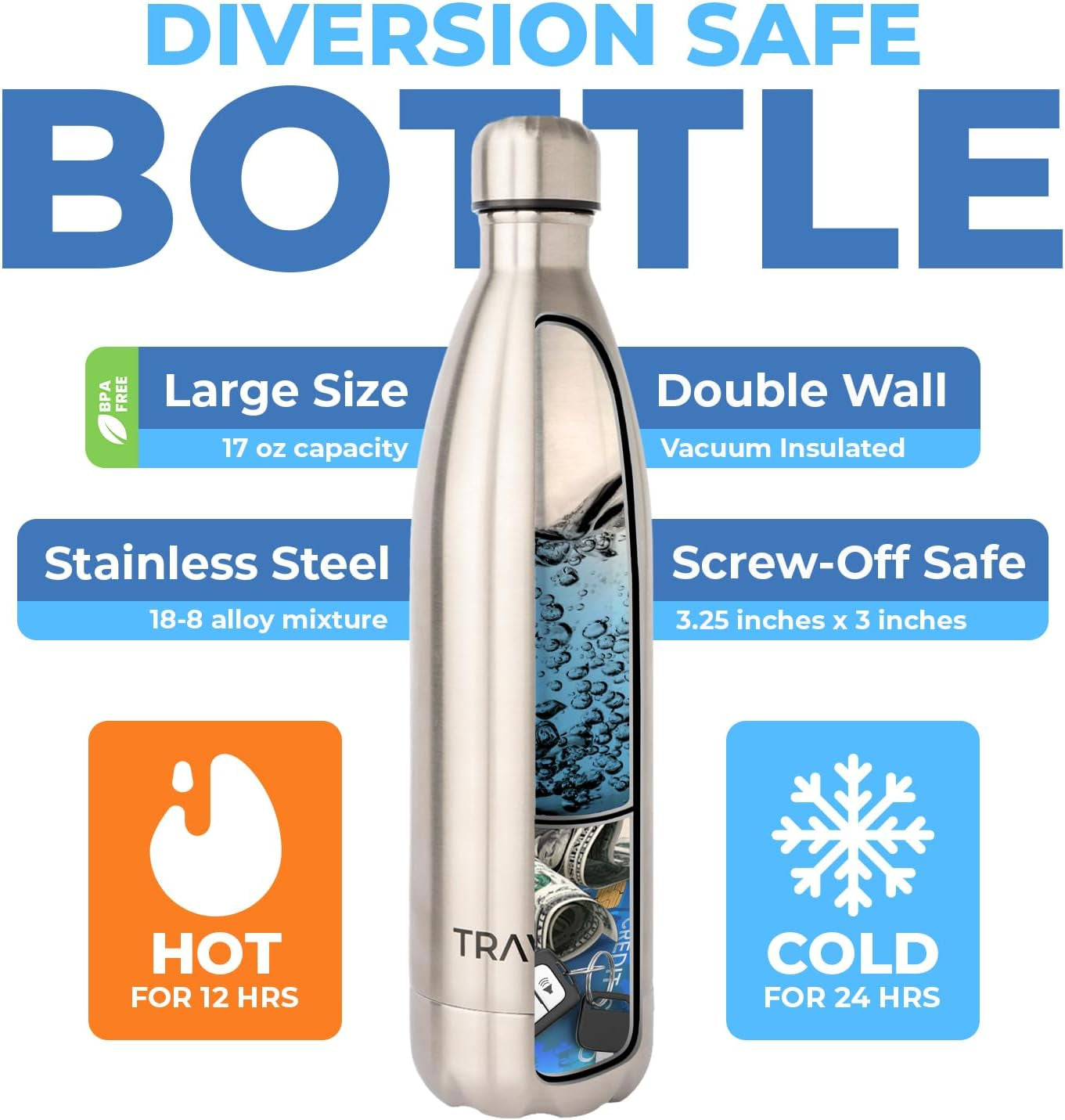 Diversion Water Bottle Safe for Travel and Home - Leak Proof Stainless Steel Tumbler with Hidden Storage - 17Oz (Silver)