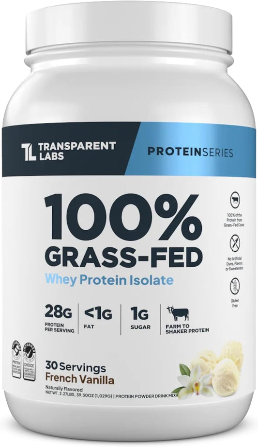 Grass-Fed Whey Protein Isolate - Naturally Flavored, Gluten Free Whey Protein Powder with 28G of Protein per Serving & 9 Amino Acids - 30 Servings, French Vanilla