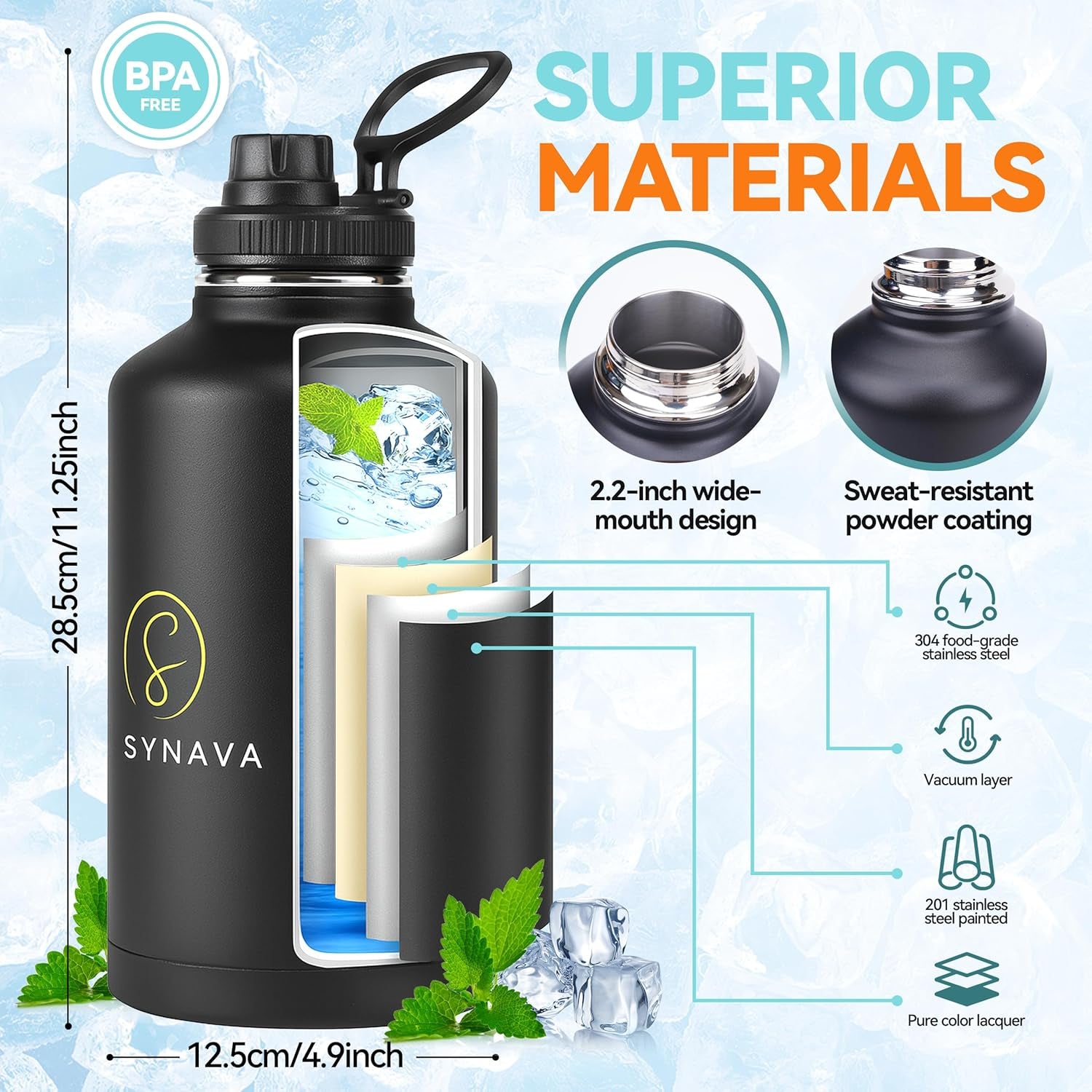 64Oz Insulated Water Bottle with Sleeve — Half Gallon Tactical Water Bottle with Paracord Handle — Wide-Mouth Bpa-Free Stainless Steel Water Jug — Perfect for Gym, Sports, Hiking & Travel