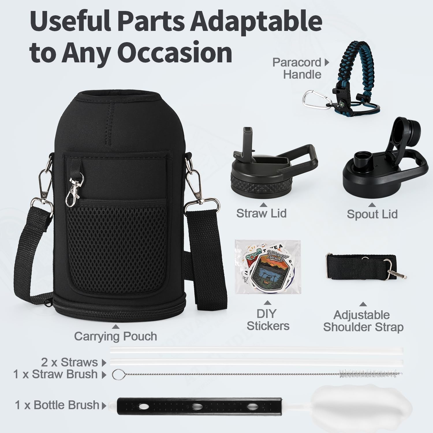 64 Oz Insulated Water Bottle with Straw (Cold for 48 Hrs), Half Gallon Stainless Steel Triple Wall Vacuum Sports Water Jug, Leakproof Hydro Cup Flask with Straw Spout Lids & DIY Stickers