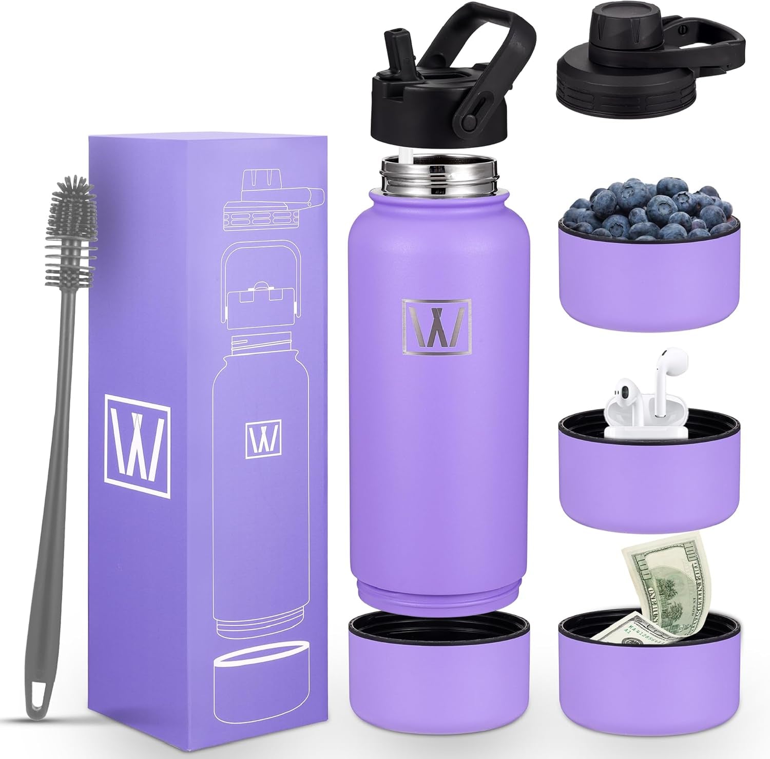 Insulated Sports Water Bottle -  32 Oz Water Bottle with Discrete Storage Compartment, 2 Lids, Straw, Hot & Cold Double-Walled Vacuum Insulated Stainless Steel Gym & Thermos Bottle (Lavender)