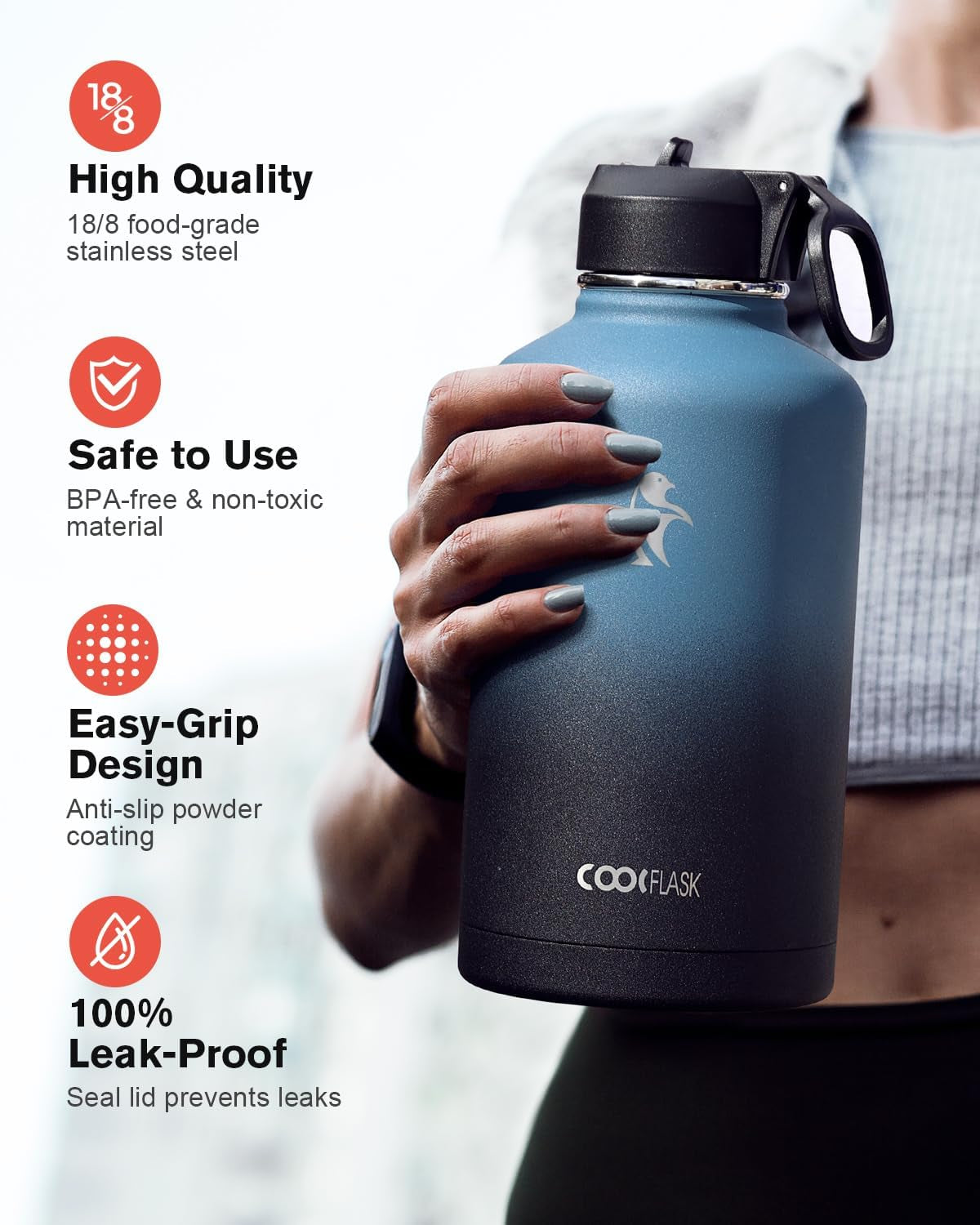 Half Gallon Water Bottle Insulated with Straw & 3 Lids,  64 Oz Water Jug Large Metal Stainless Steel Wide Mouth for Sports, Gym or Office, Non-Bpa Keep Cold 48H Hot 24H, Samurai Cyan