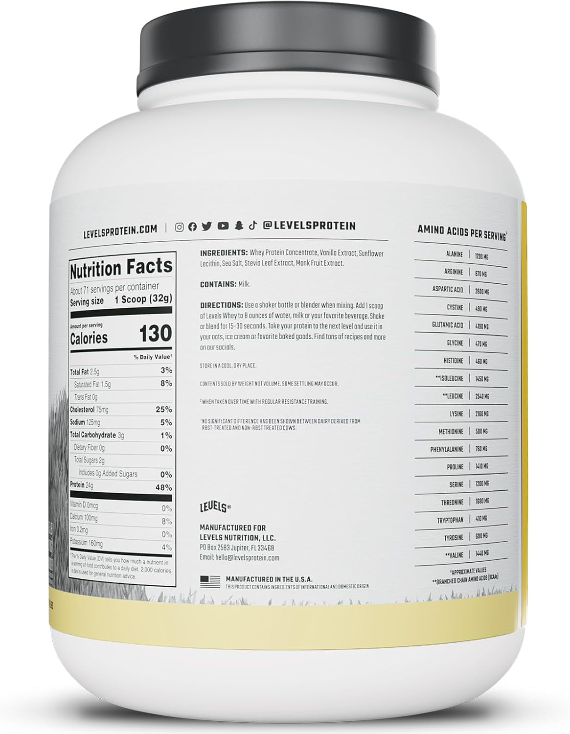 Levels Grass Fed Whey Protein Powder, No Artificials, 24G of Protein, Vanilla Bean, 5LB