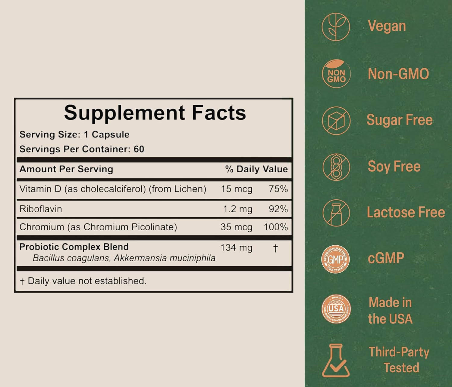Akkermansia Probiotic for Appetite & Craving Control | Increases GLP-1 & Boosts Healthy Weight | 60 Day Supply | Made in USA | Bacillus Coagulans, B2, D3 & Chromium | SIBO Friendly, Vegan, Gluten Free
