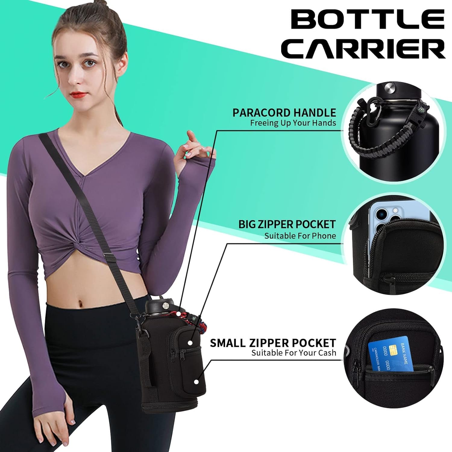 Half Gallon Insulated Water Bottle - with Straw & Spout Lid, Paracord Handle & Carrier Bag, Protective Cup Mat, 64Oz Vacuum Stainless Steel Water Bottle, Metal Vacuum Flasks Keep Cold 48H Hot 24H