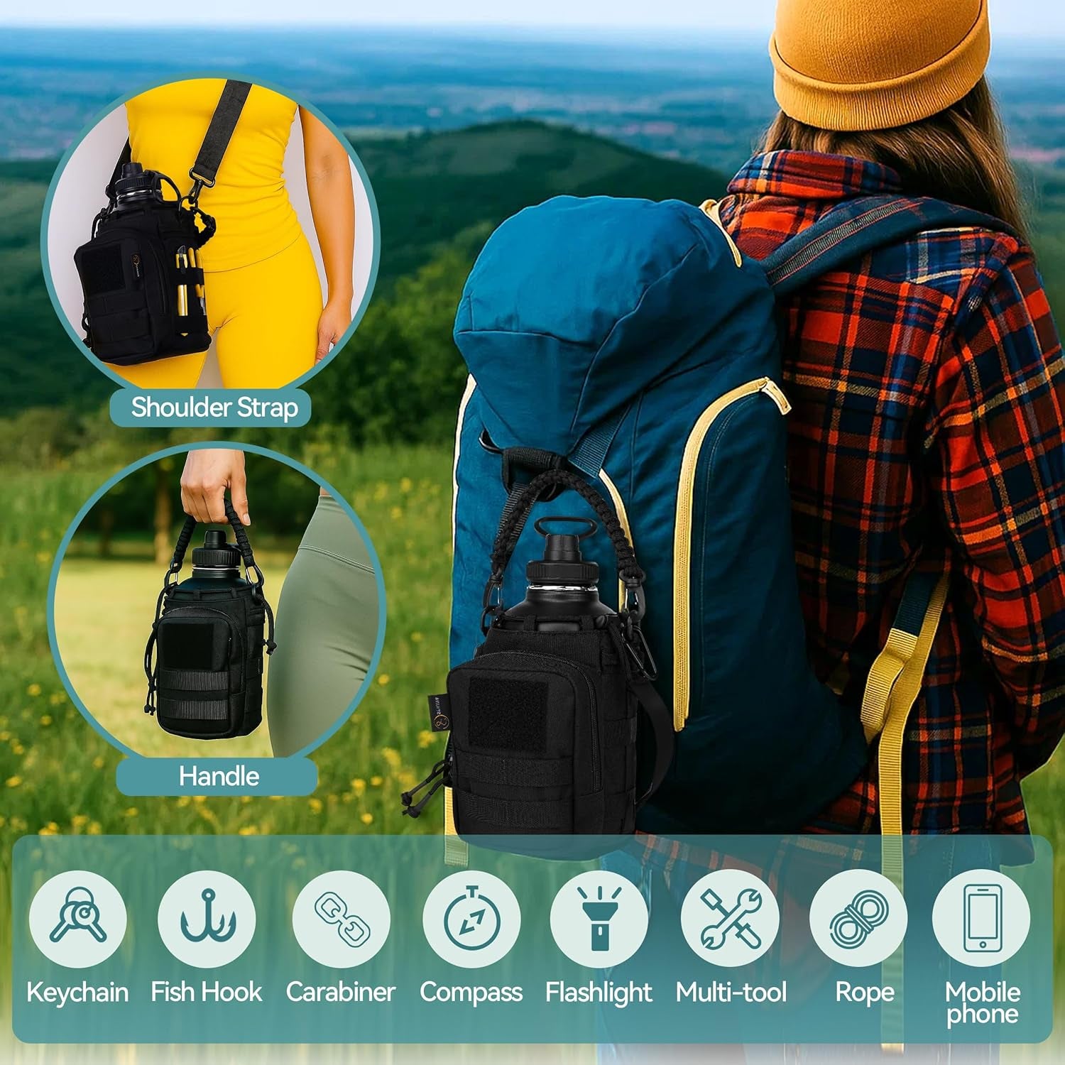 64Oz Insulated Water Bottle with Sleeve — Half Gallon Tactical Water Bottle with Paracord Handle — Wide-Mouth Bpa-Free Stainless Steel Water Jug — Perfect for Gym, Sports, Hiking & Travel