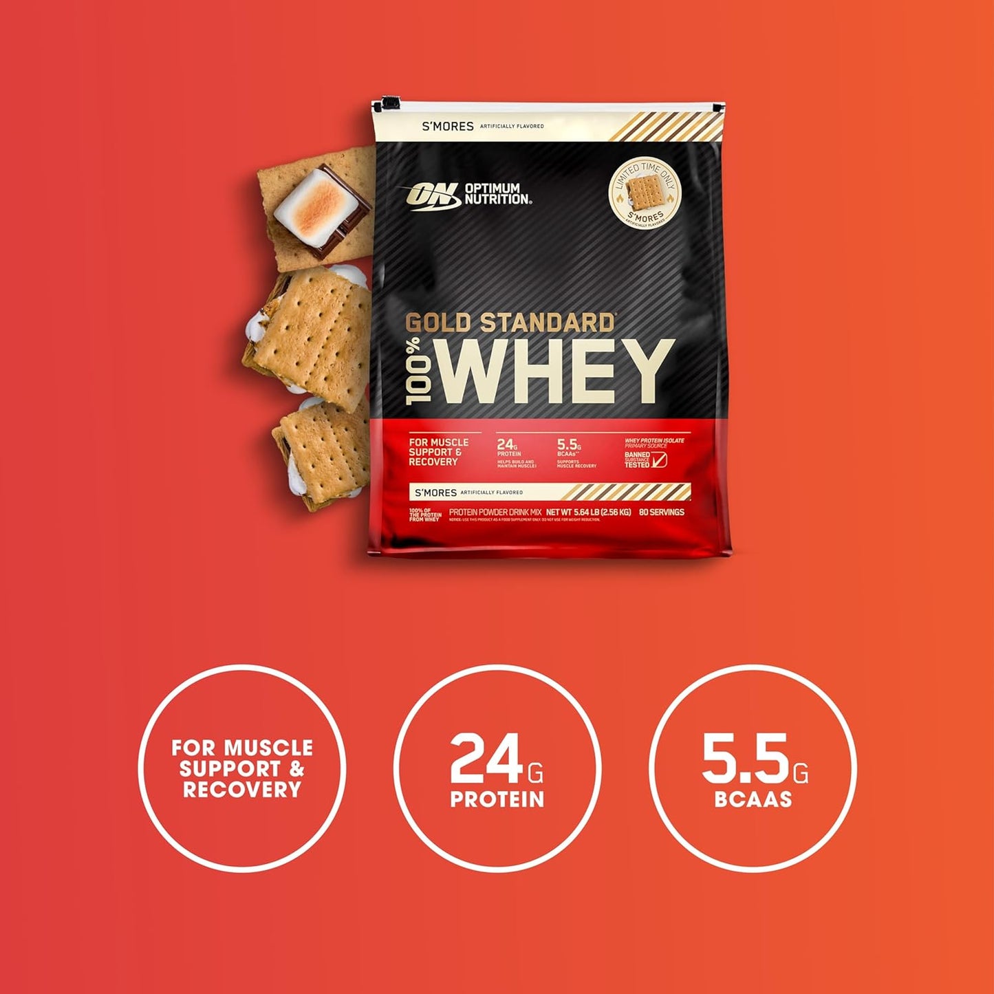 100% Gold Standard Whey Protein Powder - Protein Powder with a Blend of Hydrolyzed, Isolate & Whey - for Muscle Recovery - S'Mores, 5.64 Lb (80 Servings)